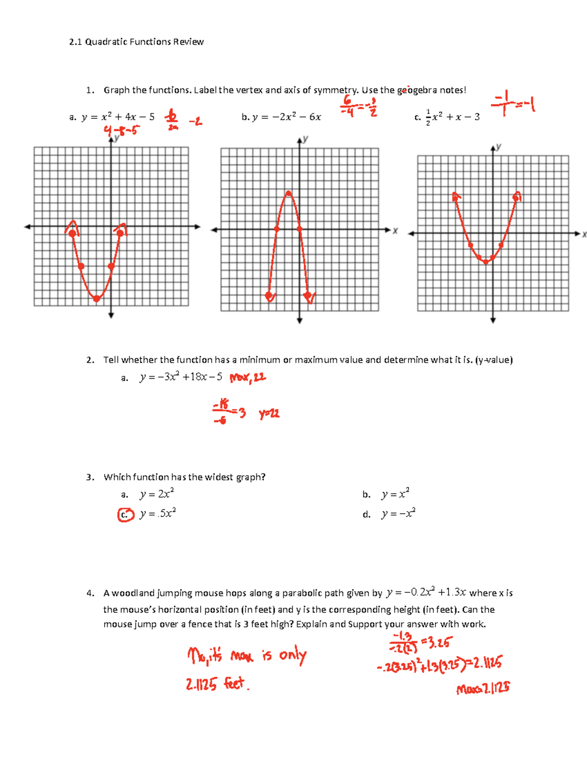 2 - Yes - 2 Quadratic Functions Review 1. Graph the functions. Label ...