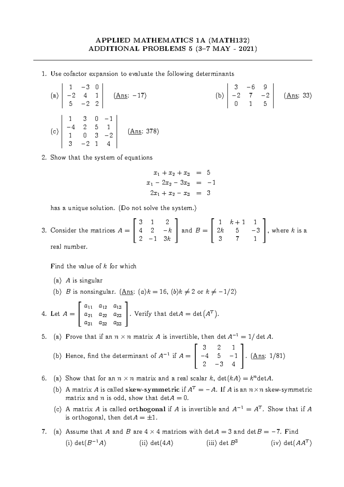 Tutorial 5 (3-7 May) - none - APPLIED MATHEMATICS 1A (MATH132 ...