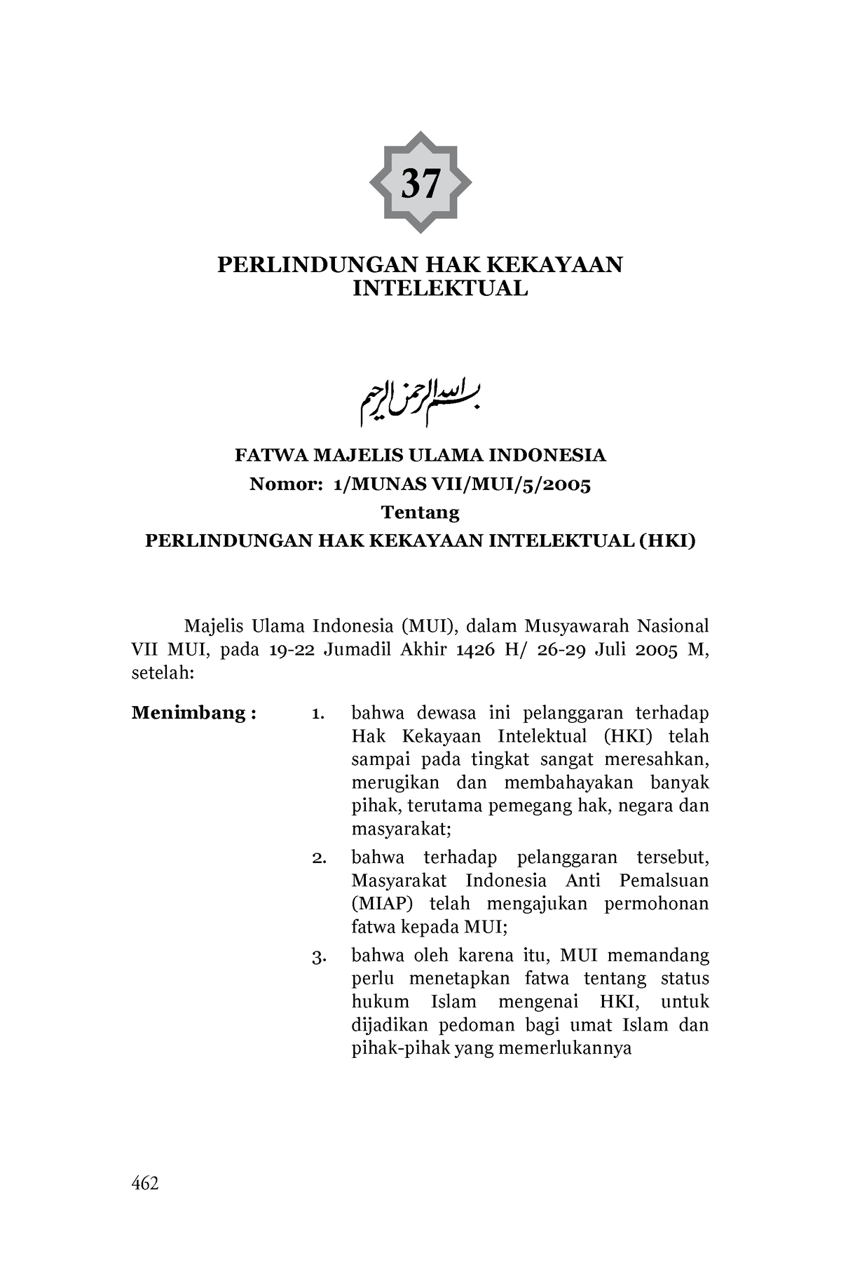 37 - Law - 37 FATWA MAJELIS ULAMA INDONESIA Nomor: 1/MUNAS VII/MUI/5 ...