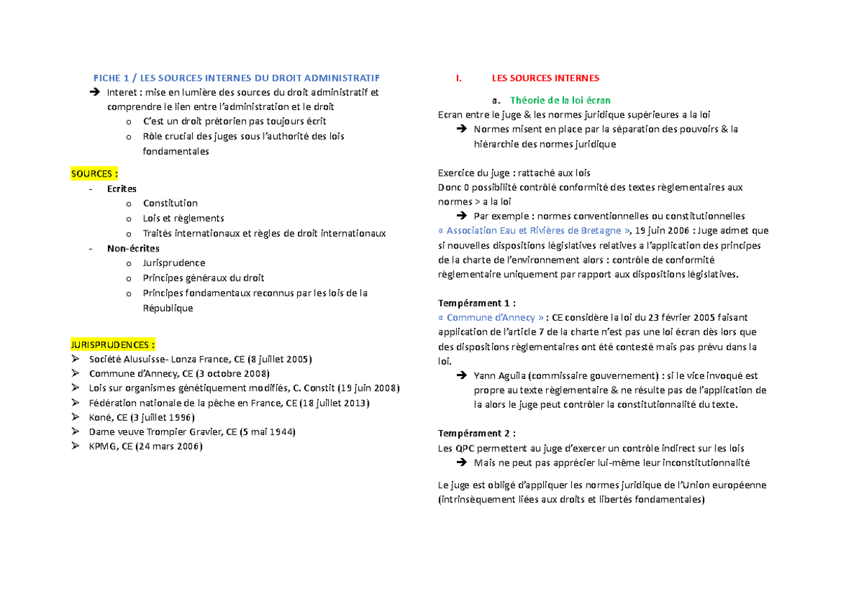 résumé semestre 2 - FICHE 1 / LES SOURCES INTERNES DU DROIT ...