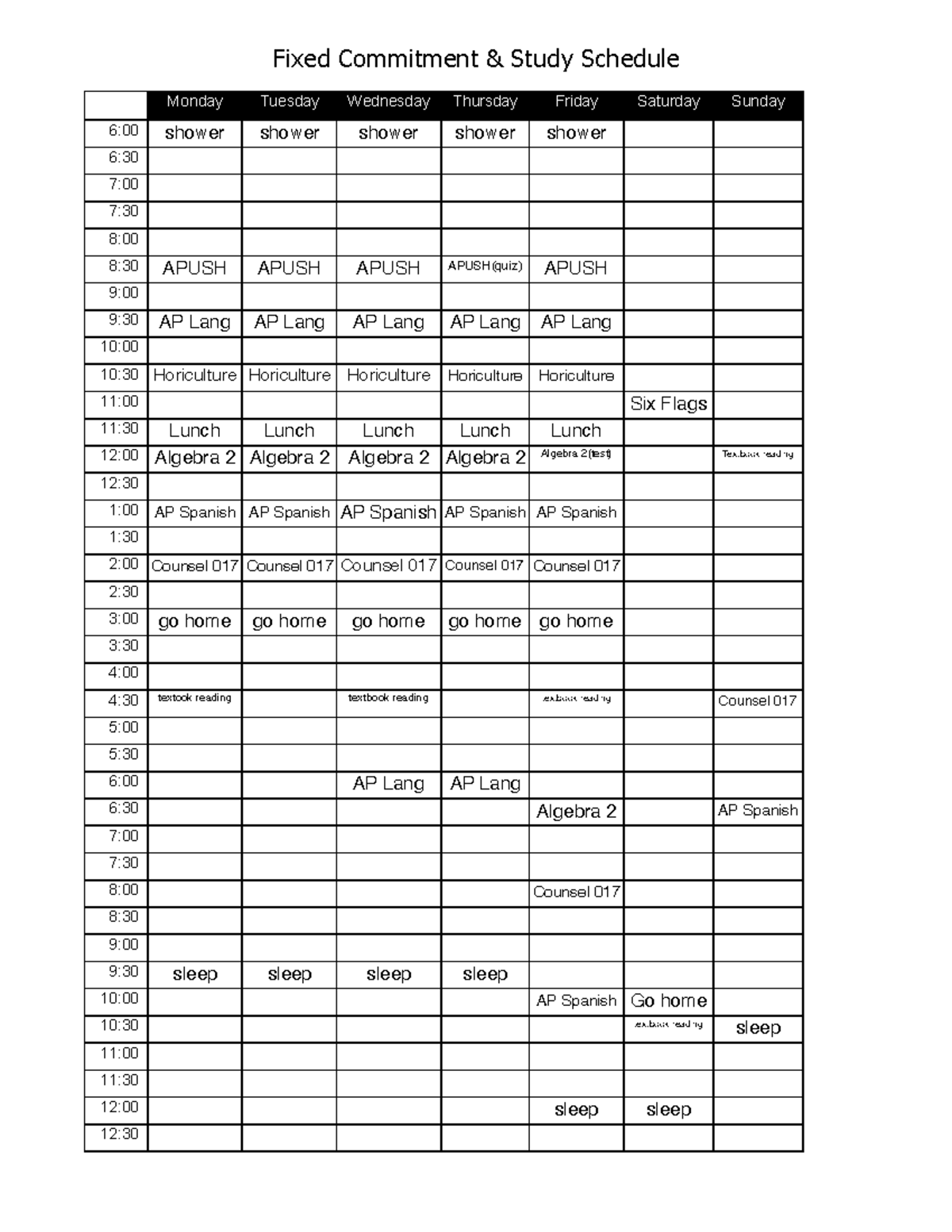 24 Hour Fixed Commitment Study Schedule fillable Monday TuesdayFixed