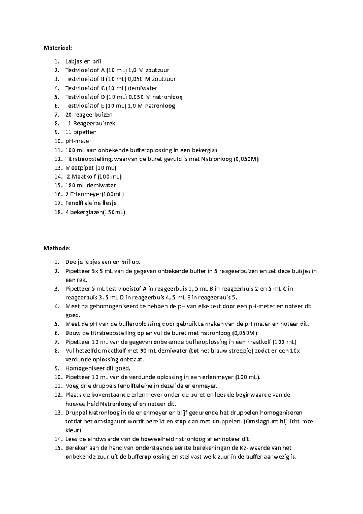 Scheikunde proefvoorbereiding buffer Materiaal Labjas en
