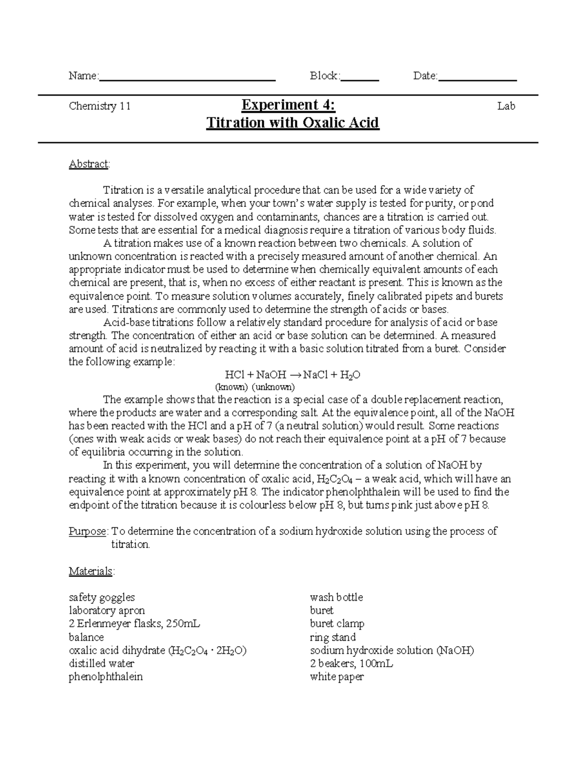 Titration of oxalic acid lab sardis secondary school Name Block
