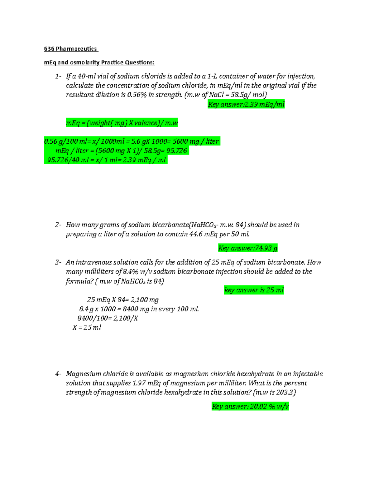 602 L practice questions and answers 636 Pharmaceutics mEq and