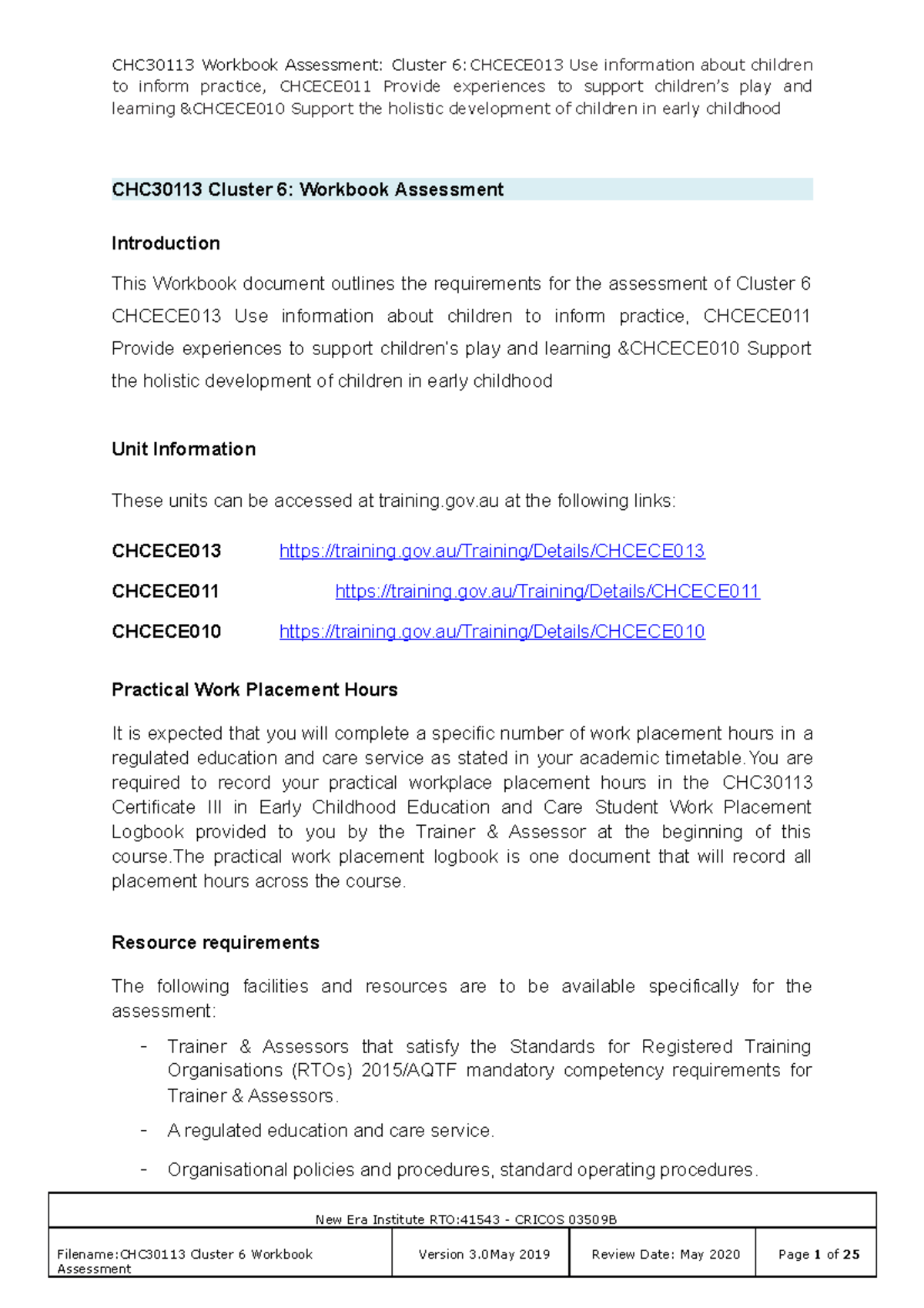 CHC30113 Cluster 6 WP Assessment V3 0 CHC30113 Workbook Assessment 