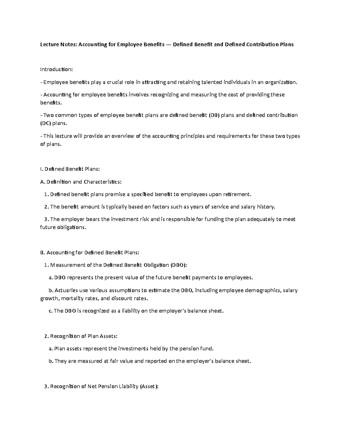 Lecture Notes: Accounting for Employee Benefits — Defined Benefit and ...