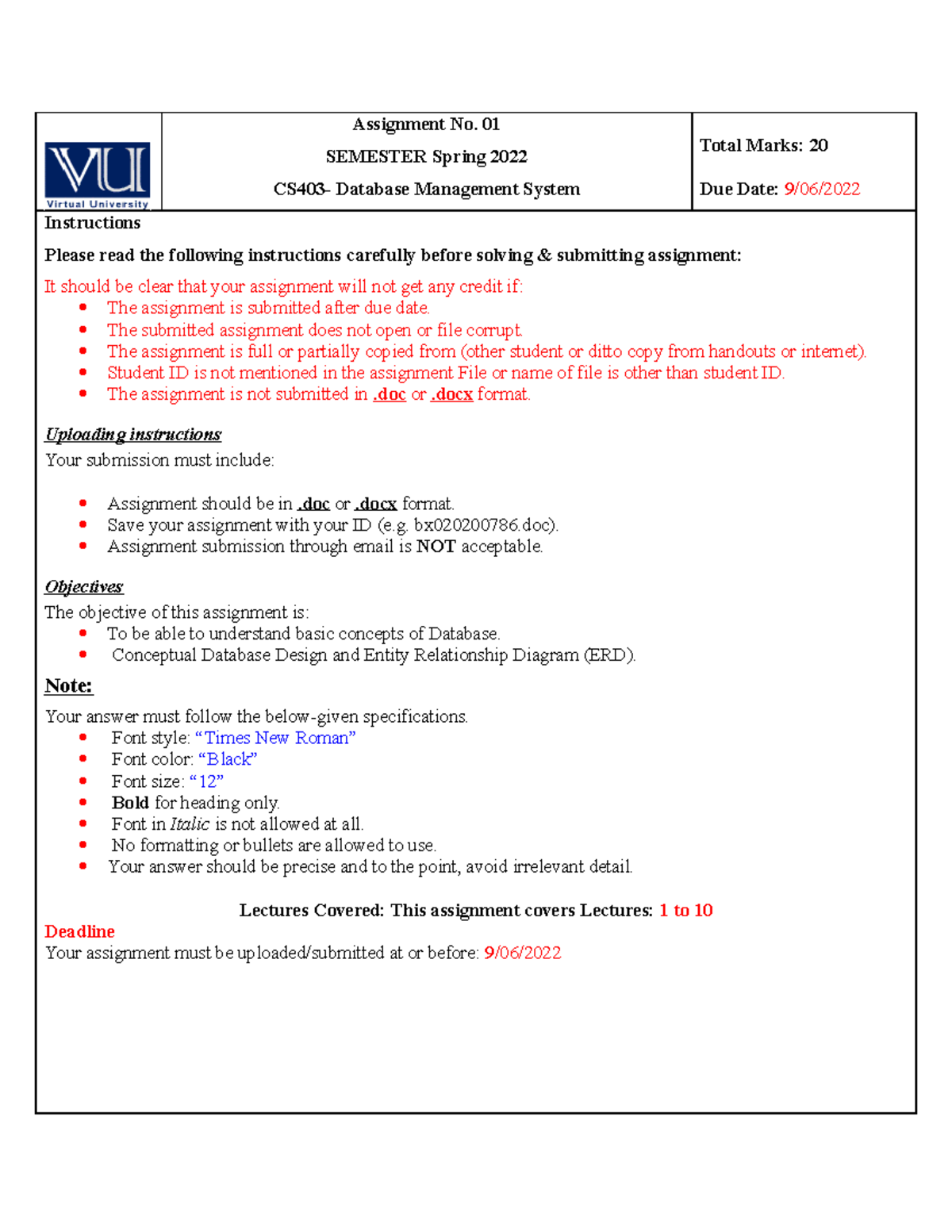 Spring 2022 CS403 1 - assas - Assignment No. 01 SEMESTER Spring 2022 ...
