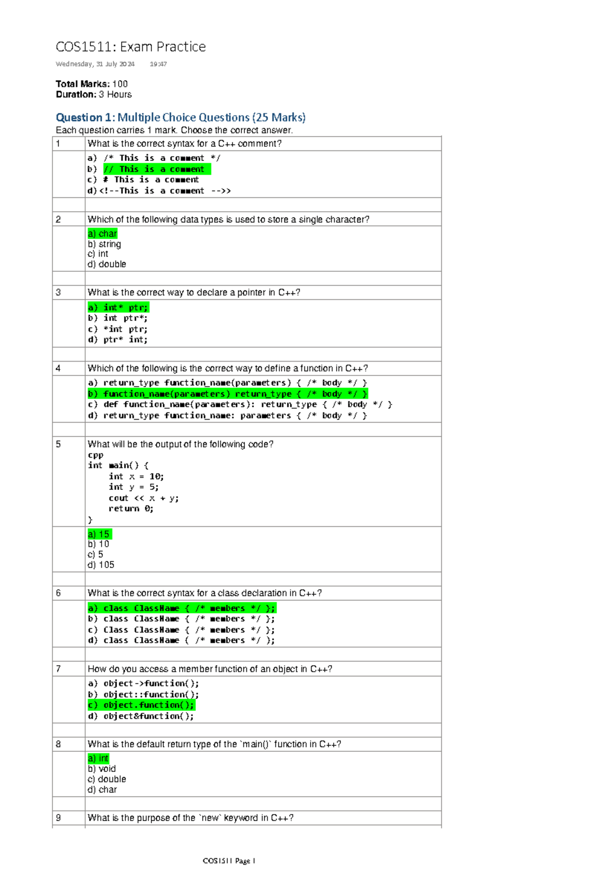 COS1511 Exam Practice - This is a past exam paper, please note that ...