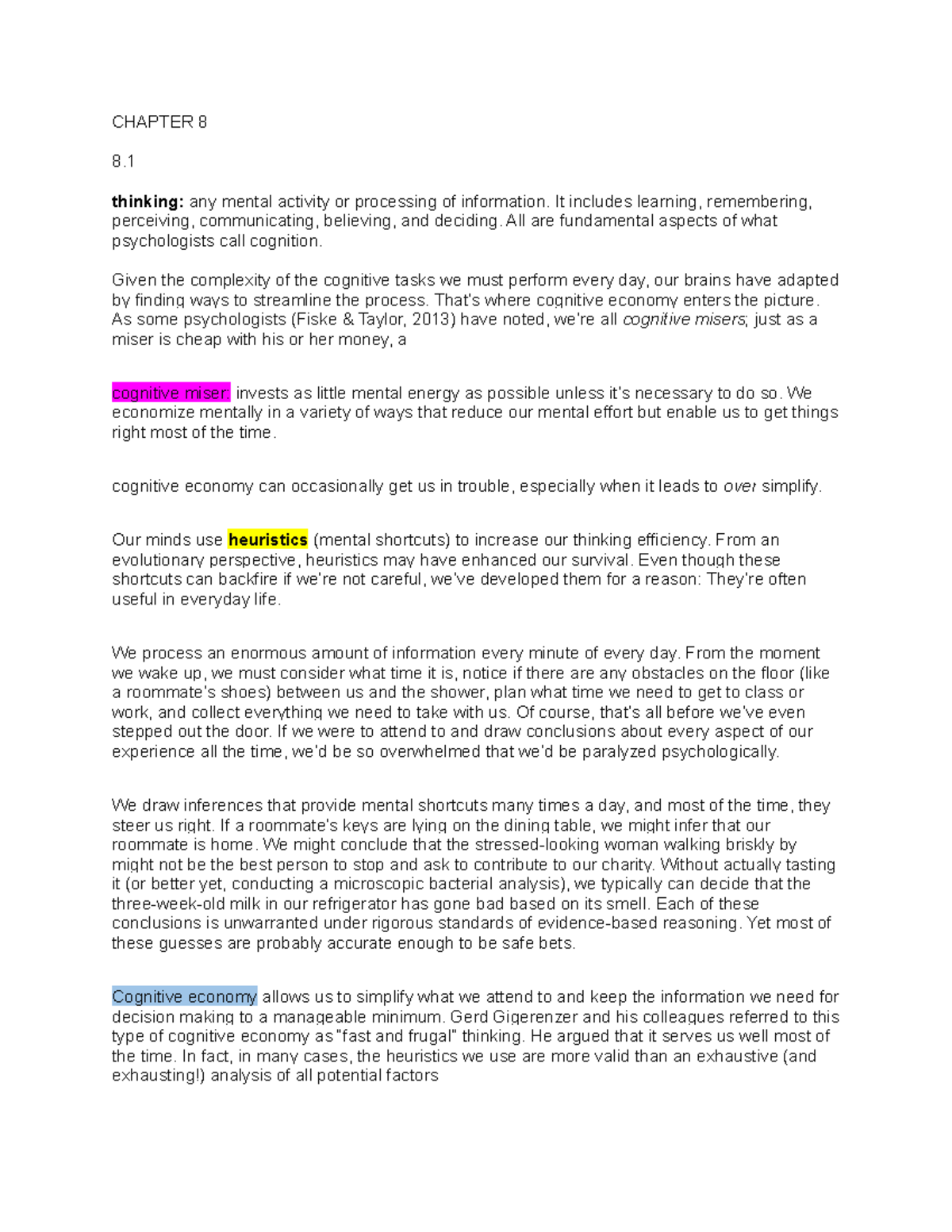 PSYC Chapter 8 and 10- Textbook - CHAPTER 8 8. thinking: any mental ...