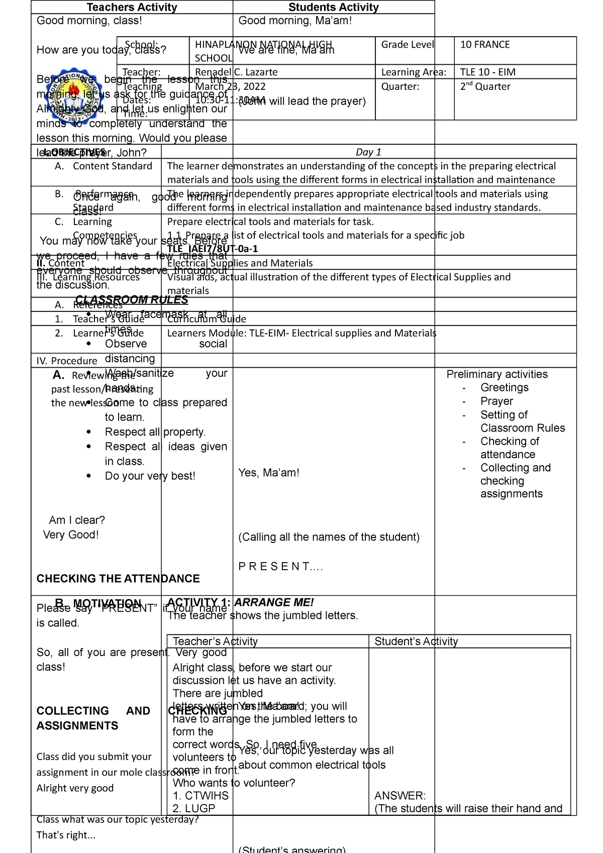 DLP-5 - Electrical installation and maintenance sample lesson plan ...