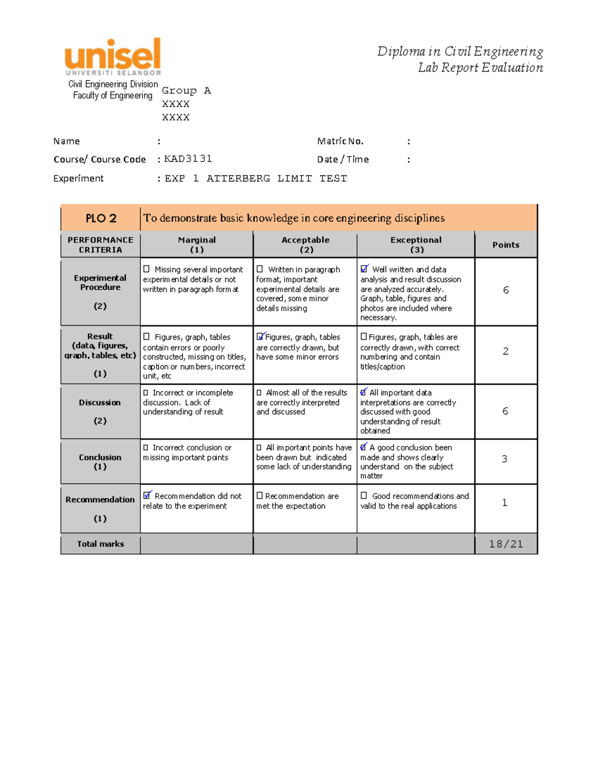 Lab Assessment Exp1 Group A - Civil Engineering Division Faculty of ...