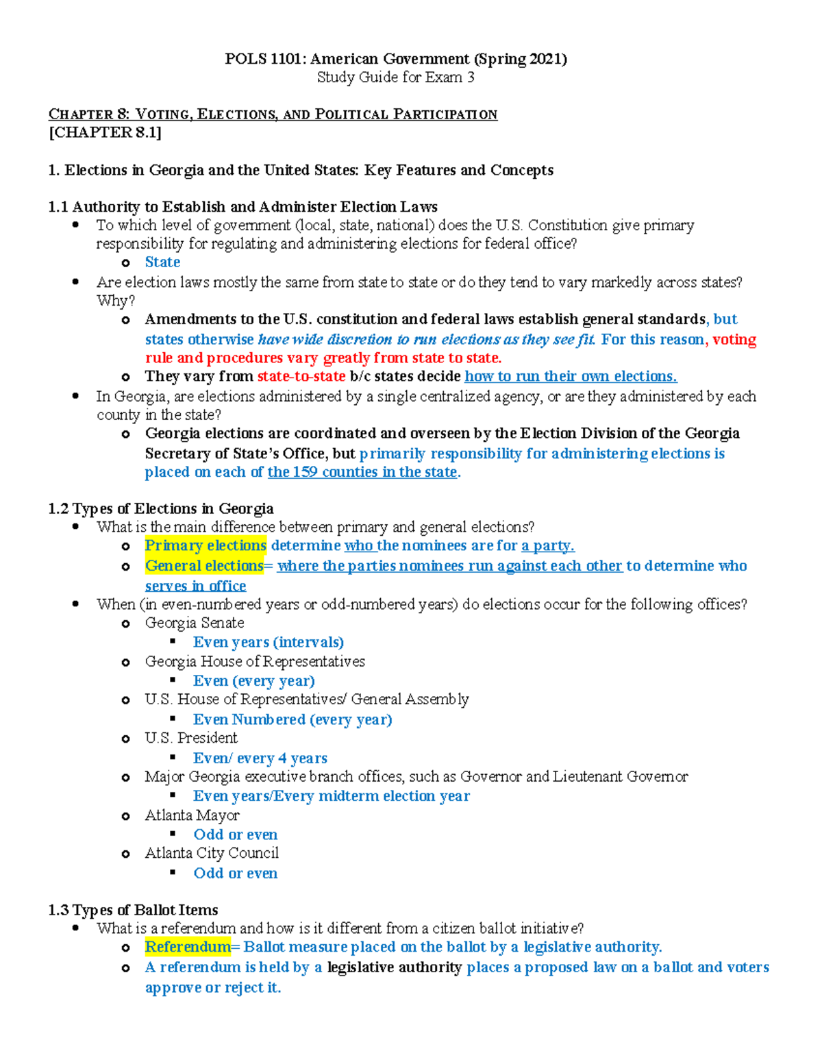 POLS 1101 S21 Exam 3 Study Guide - POLS 1101: American Government ...