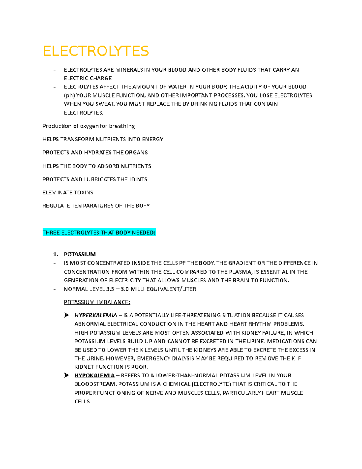 The notes for Electrolytes in biochemistry - ELECTROLYTES ...