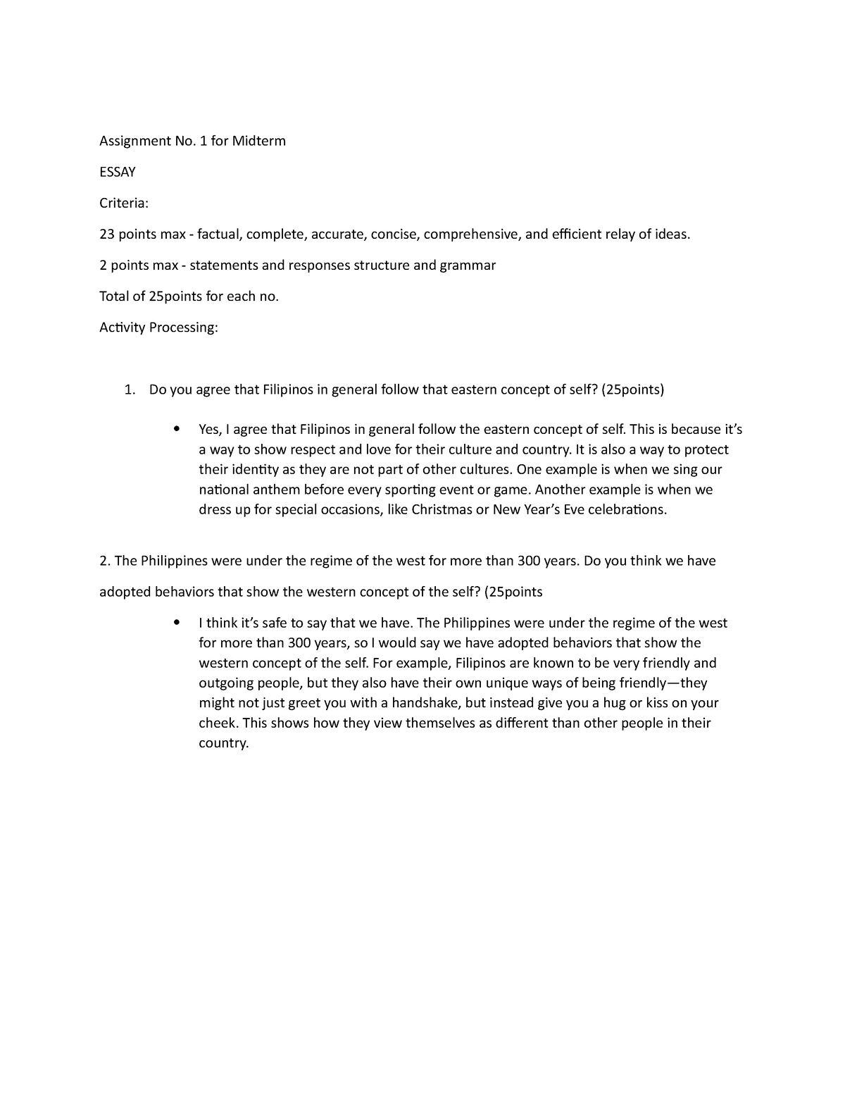 Study - Essay for stuff - Assignment No. 1 for Midterm ESSAY Criteria ...