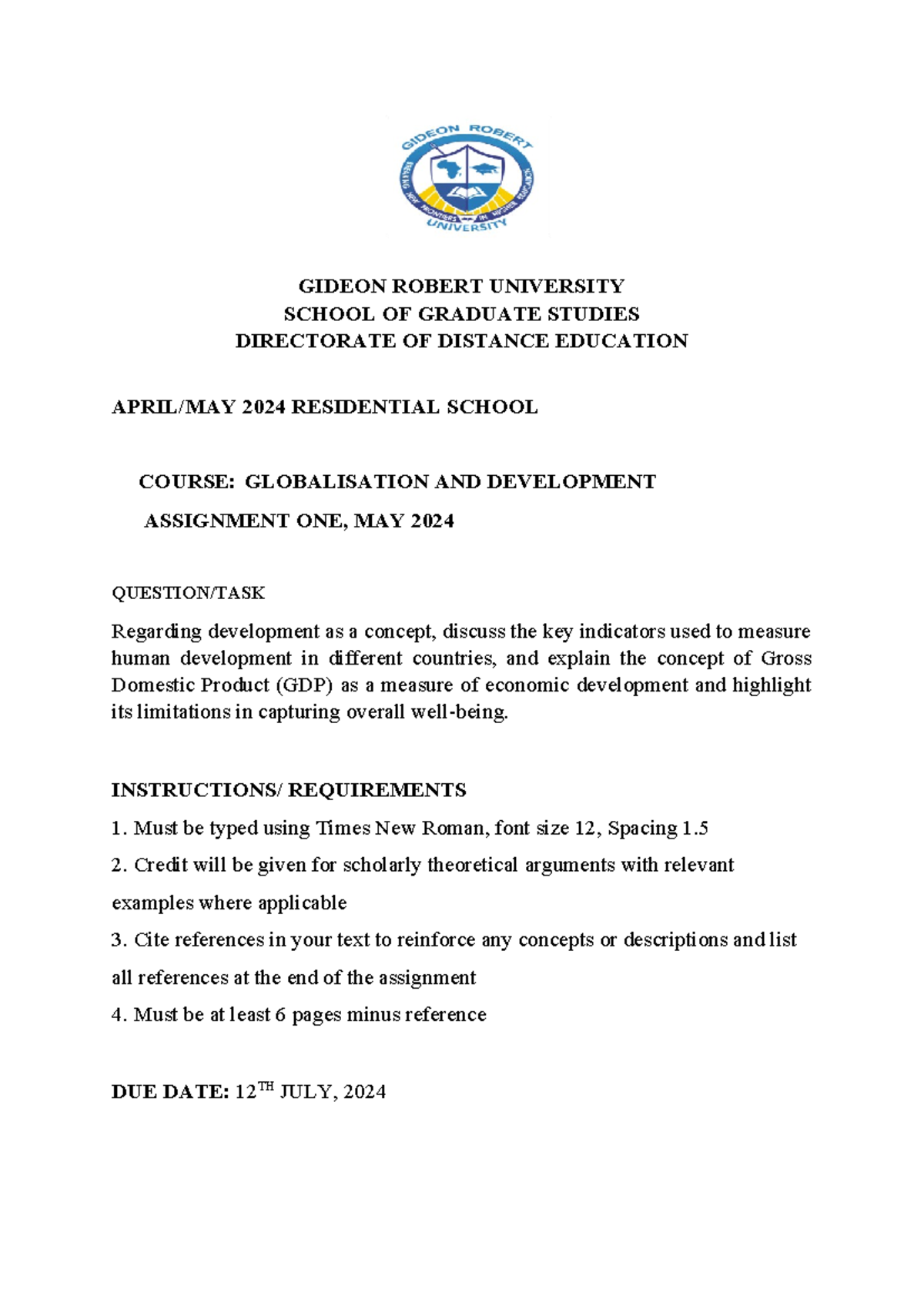 Globalisation and Devt Assignment 1 May 2024 - GIDEON ROBERT UNIVERSITY ...