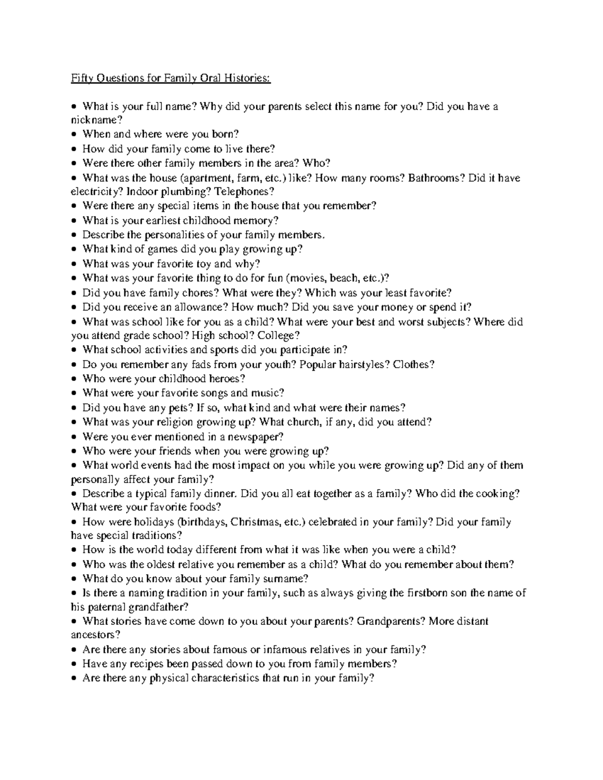 Fifty Questions for Family Oral Histories - ) like? How many rooms ...