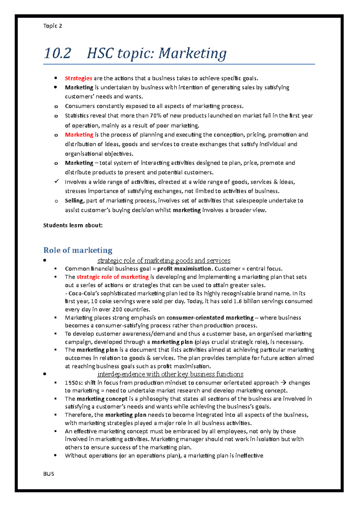 Marketing - Lecture notes - 10 HSC topic: Marketing Strategies are the ...