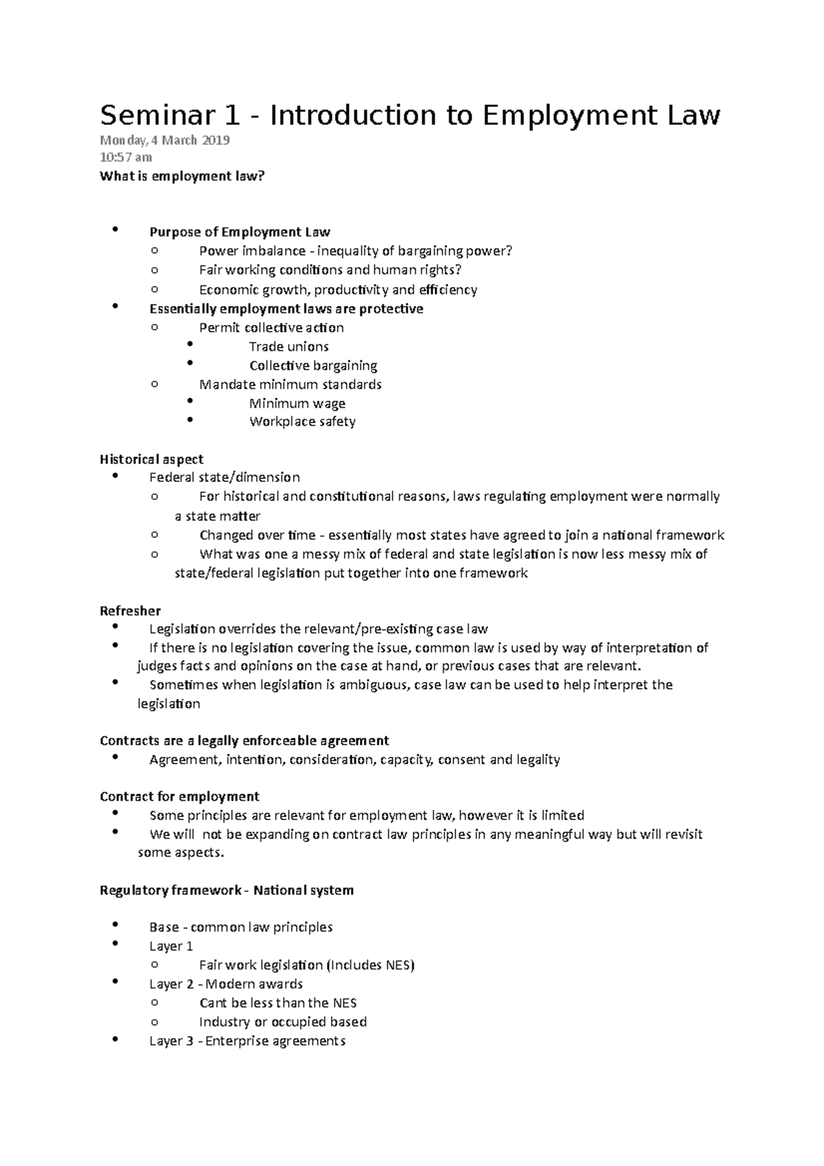 Lecture Notes - Seminar 1 - Introduction to Employment Law Monday, 4 ...