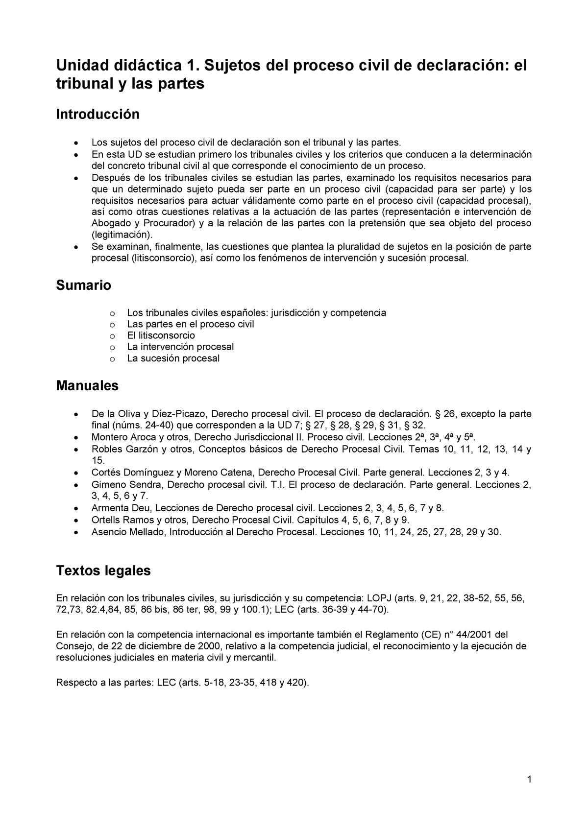 Derecho Procesal Ii Temario Completo Unidad Didáctica 1 Sujetos Del