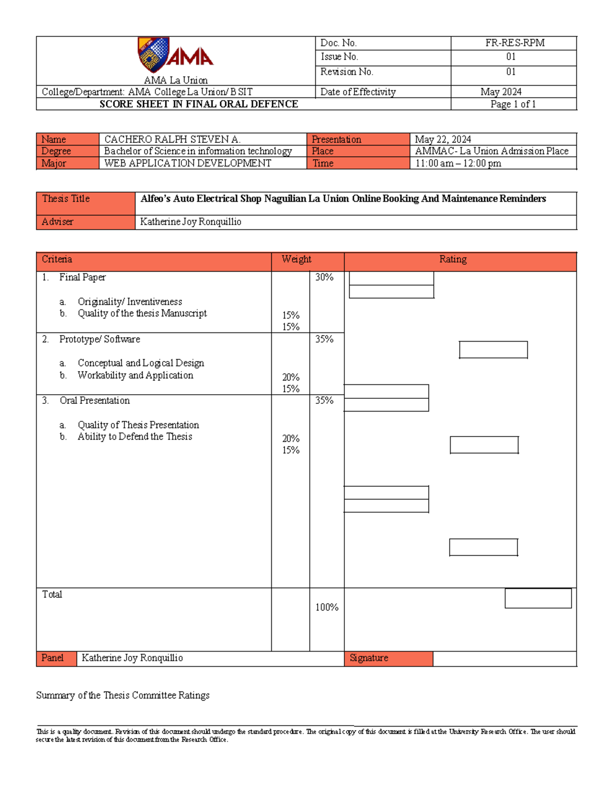 1 Score SheetIN FinalORAL Defence AMA La Union Doc. No. FRRES