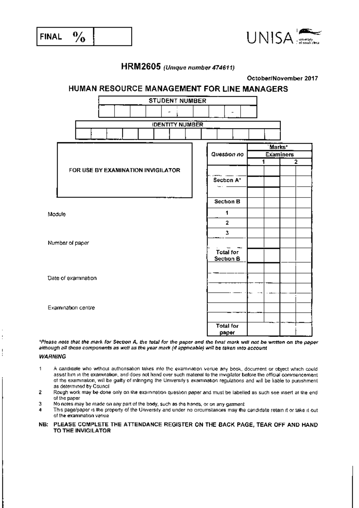 Exam 2017, Questions - HRM2605 - Unisa Unweruty Ol South Alnca UNISA ...