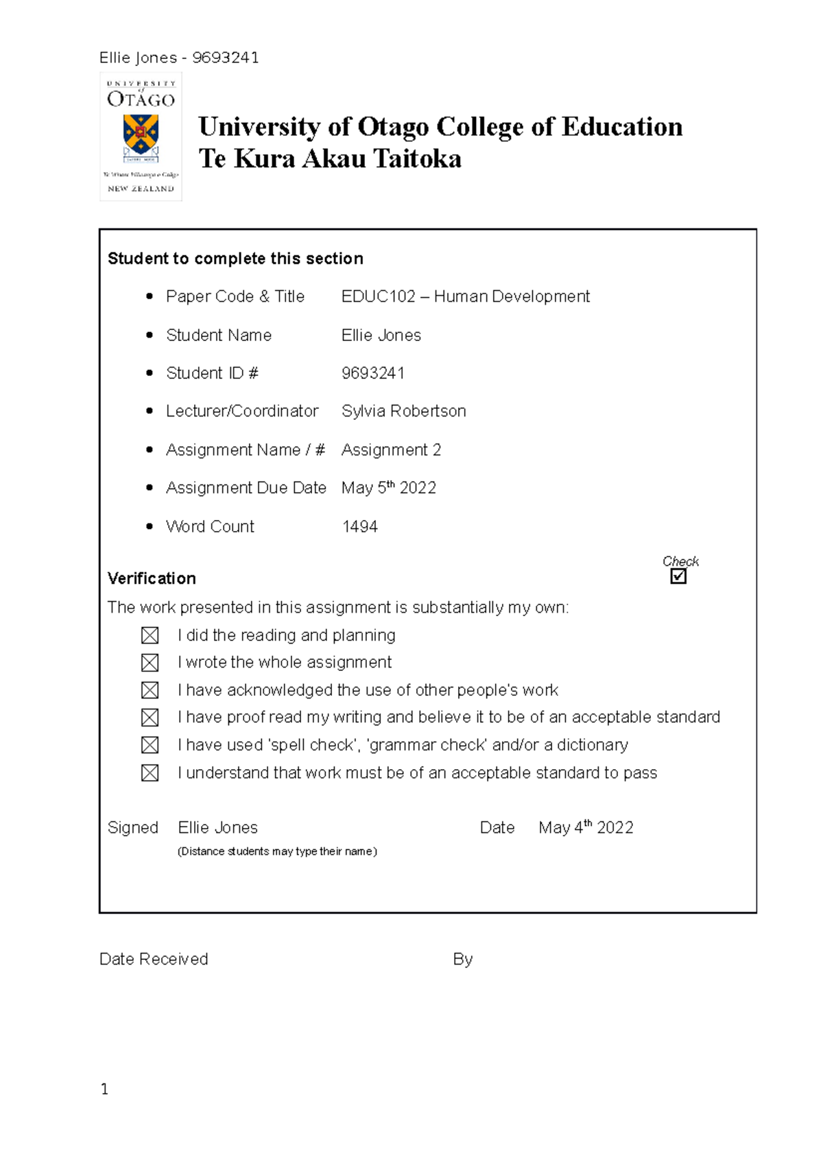 Educ102 assignment 2 - Student to complete this section Paper Code ...