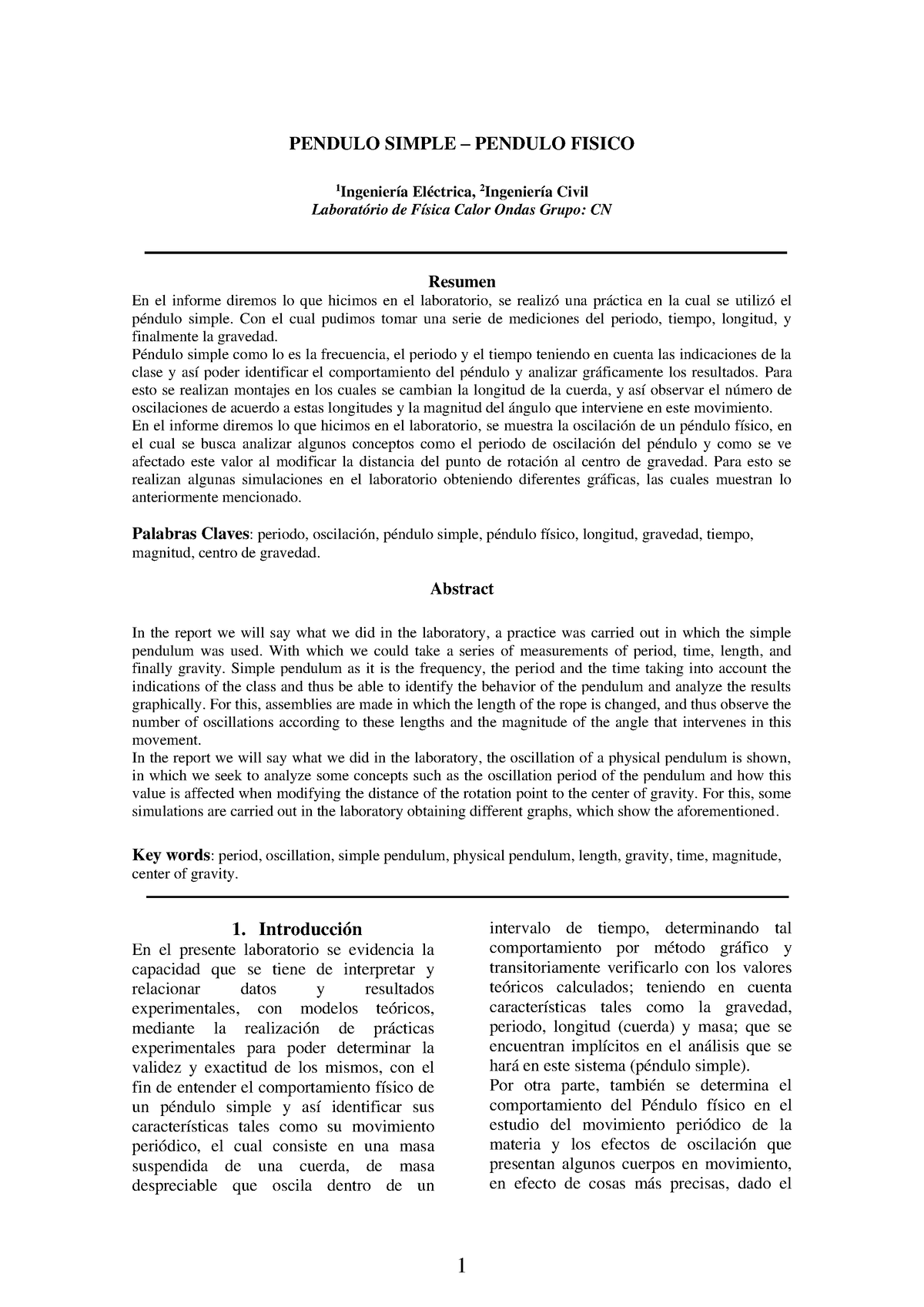 Informe pendulo simple y fisico - PENDULO SIMPLE – PENDULO FISICO 1 ...