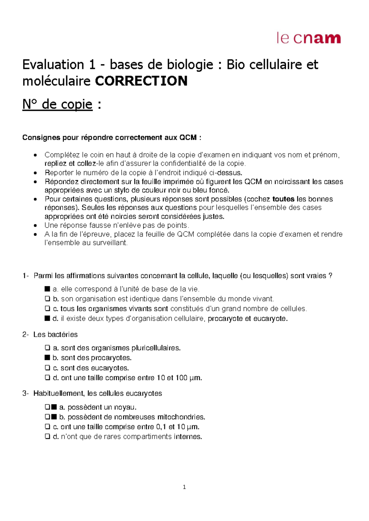 1.1- Bio B1 Evaluation 1 Corrigé - 2018-2019 - Evaluation 1 - Bases De ...