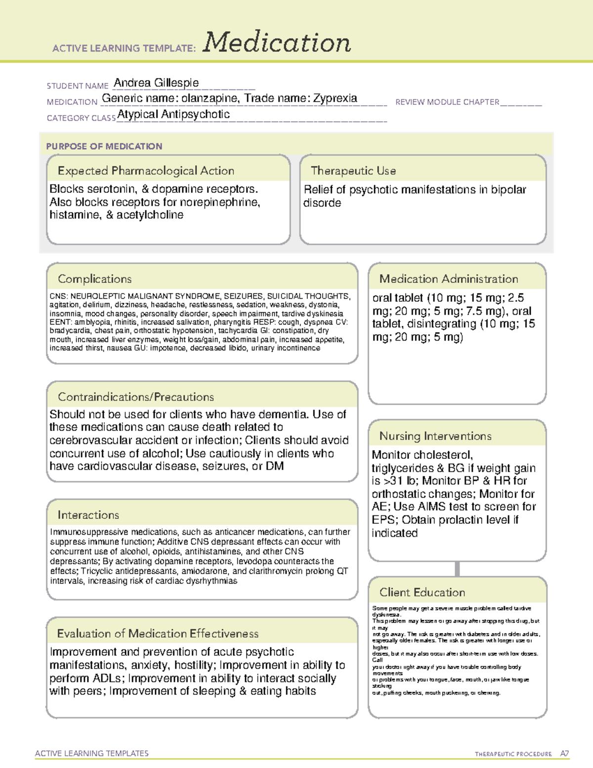 ATI Medicationolanzapine ACTIVE LEARNING TEMPLATES TherapeuTic