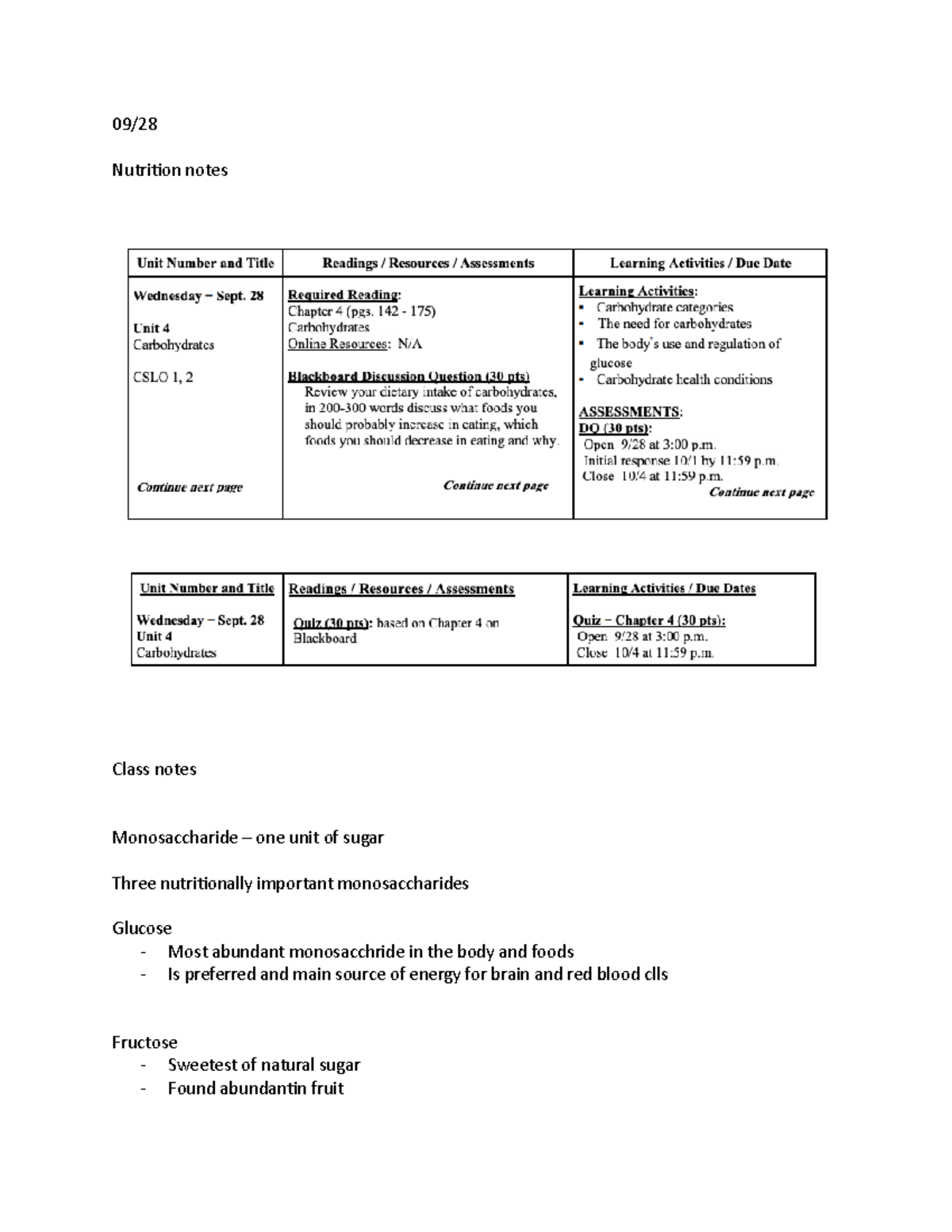 09:28 Nutrution notes - 09/ Nutrition notes Class notes Monosaccharide ...