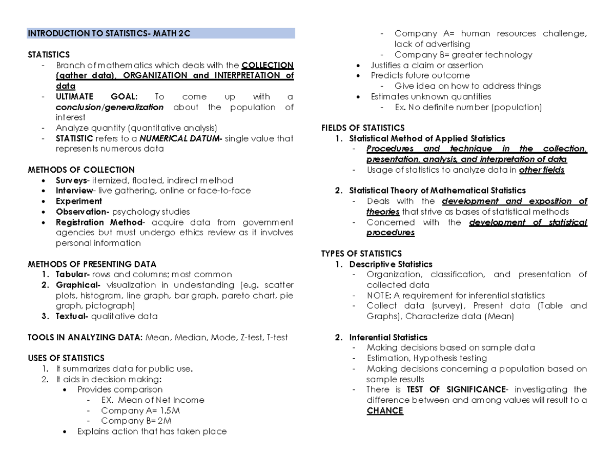 Prelimsstats - INTRODUCTION TO STATISTICS- MATH 2C STATISTICS Branch of ...