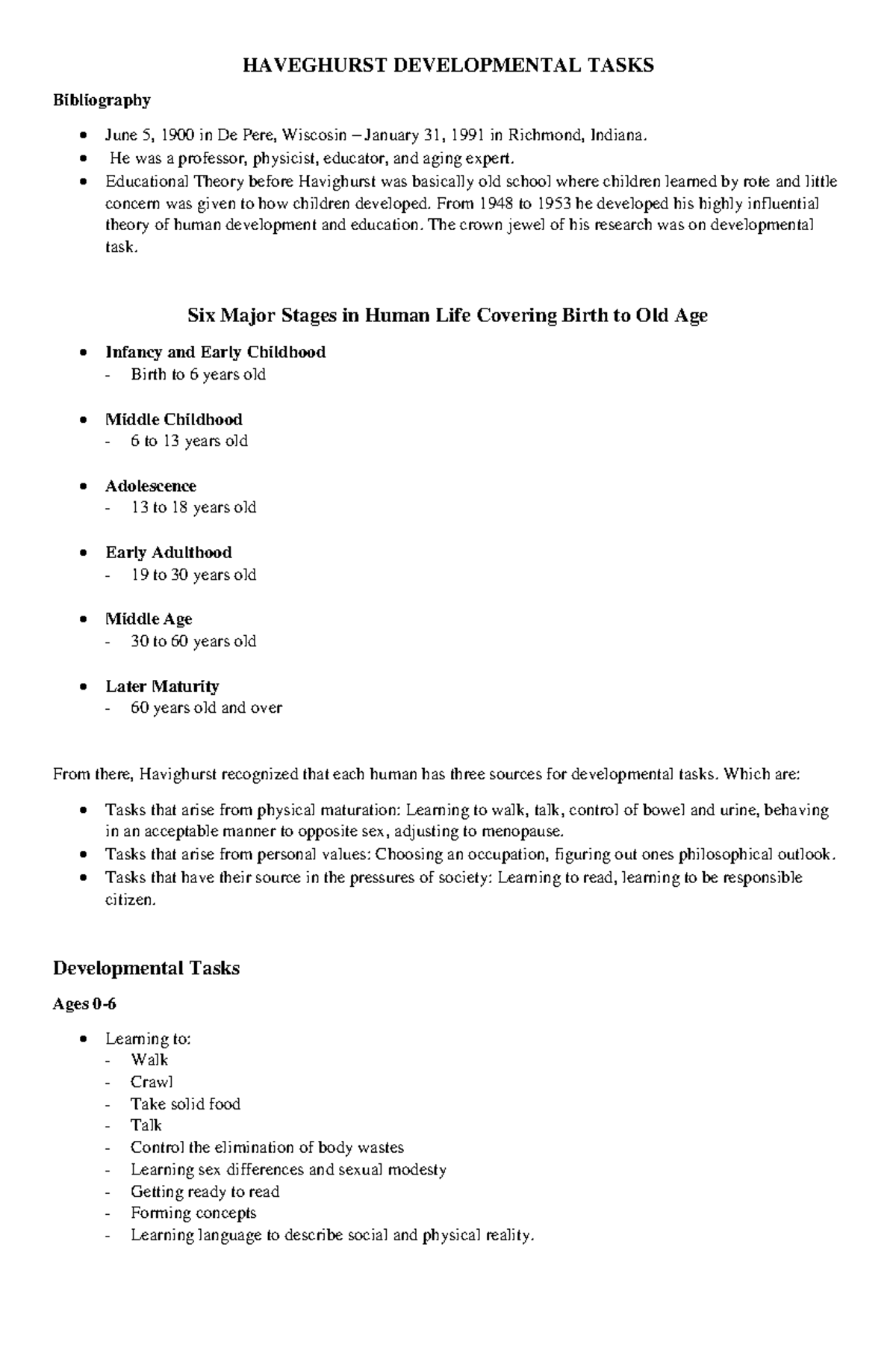 Haveghurst Developmental Tasks - HAVEGHURST DEVELOPMENTAL TASKS ...