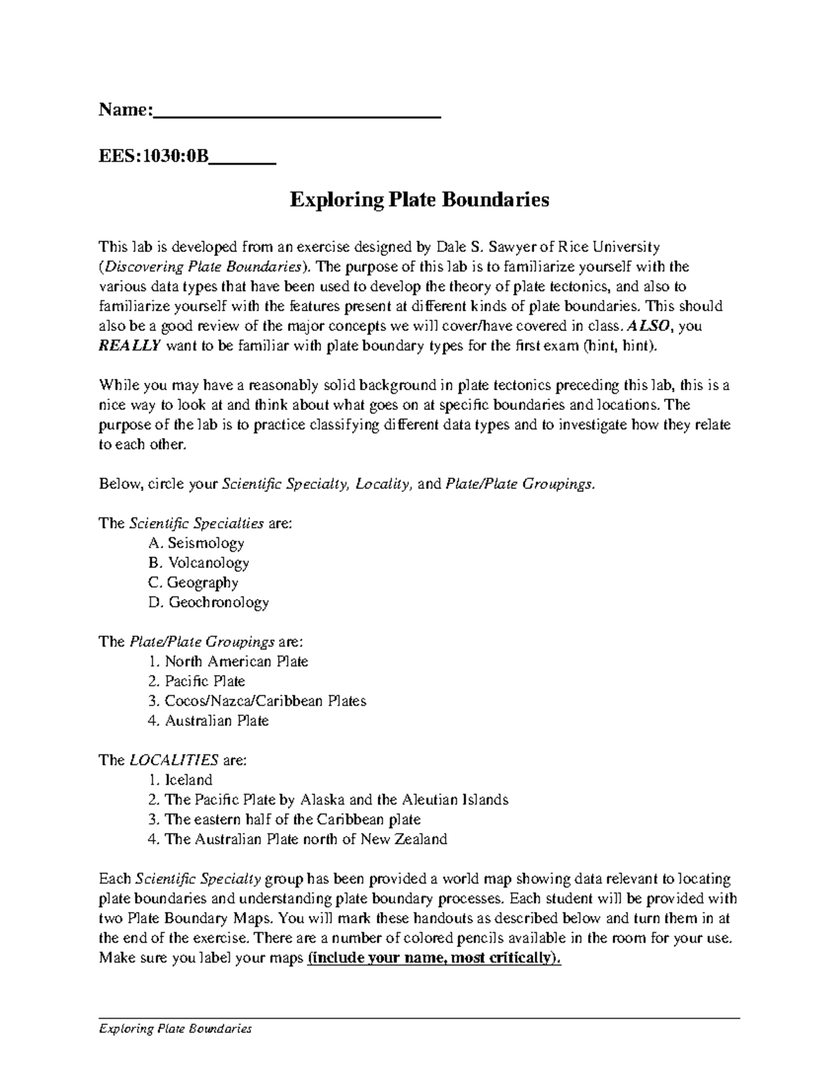 Plate Tectonics Lab Name______________________________ EES10300B