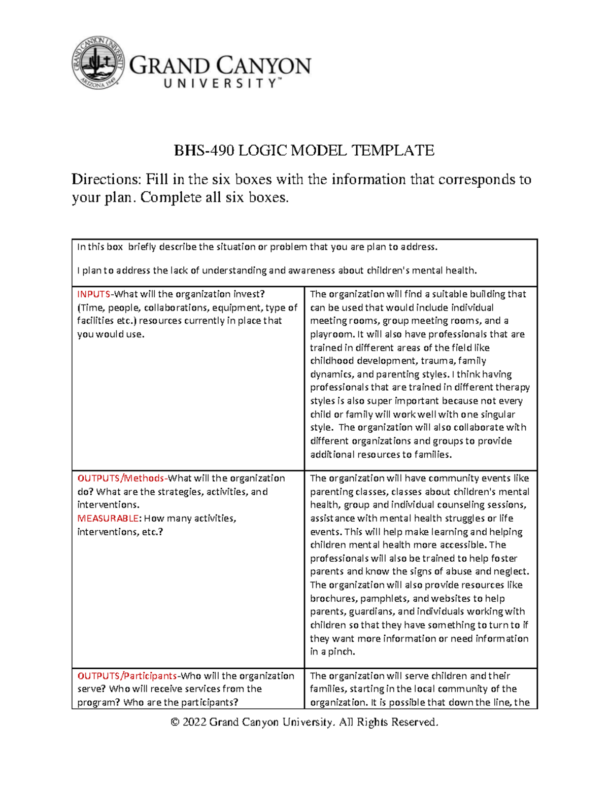 Logic Model Template - Topic 2 assignment - © 2022 Grand Canyon ...