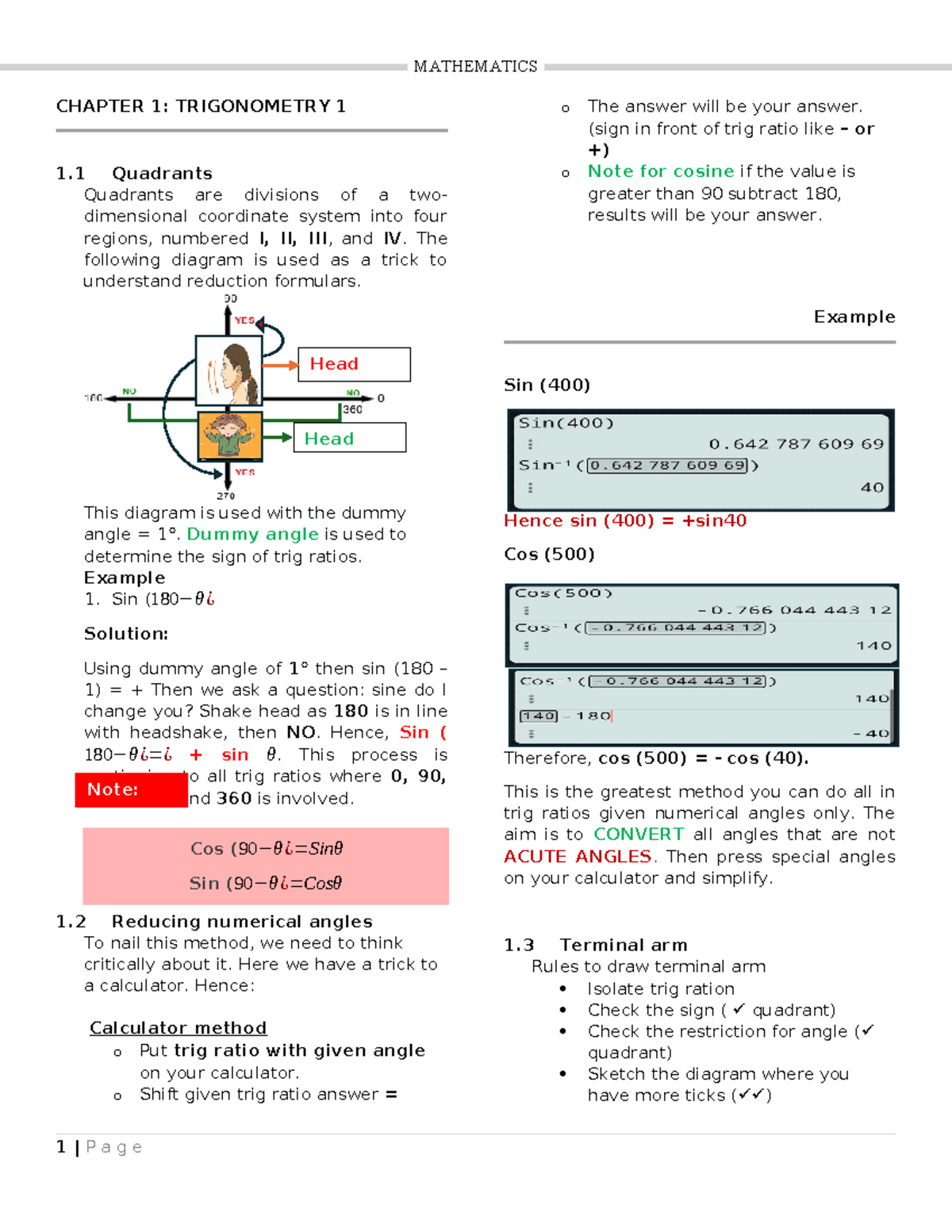 Maths Notes - MATHEMATICS CHAPTER 1: TRIGONOMETRY 1 1 Quadrants ...