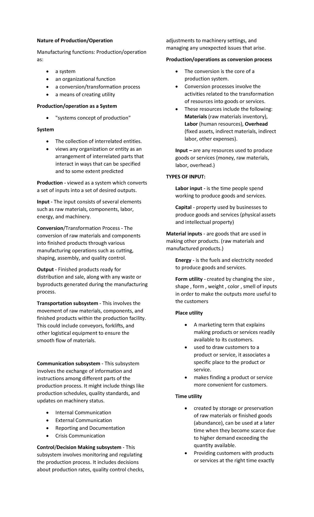 Nature-of-Production - Nature of Production/Operation Manufacturing ...