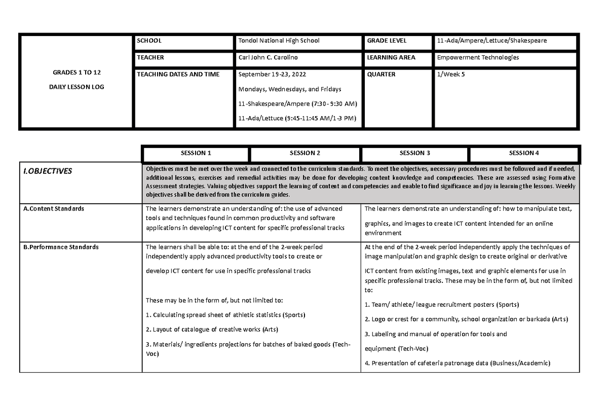 ET Q1 W5 - notes only - GRADES 1 TO 12 DAILY LESSON LOG SCHOOL Tondol ...