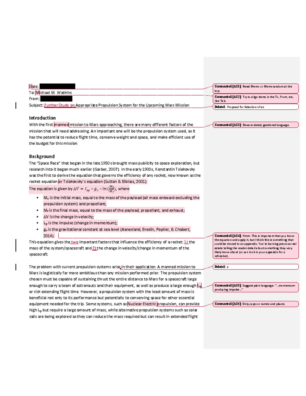 Proposal Example Mars Mission Memo w comments - Date: February 19th ...