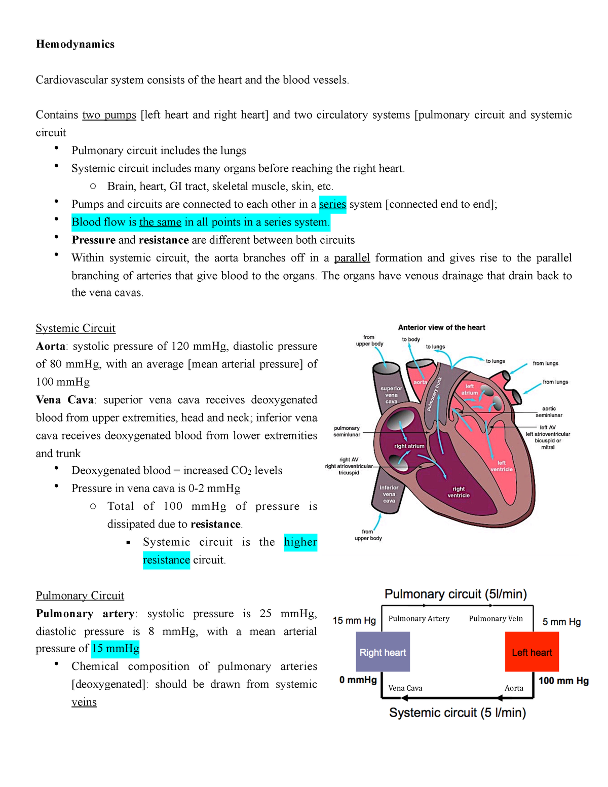 Cardiology Physiology 2 - Hemodynamics Cardiovascular system consists ...