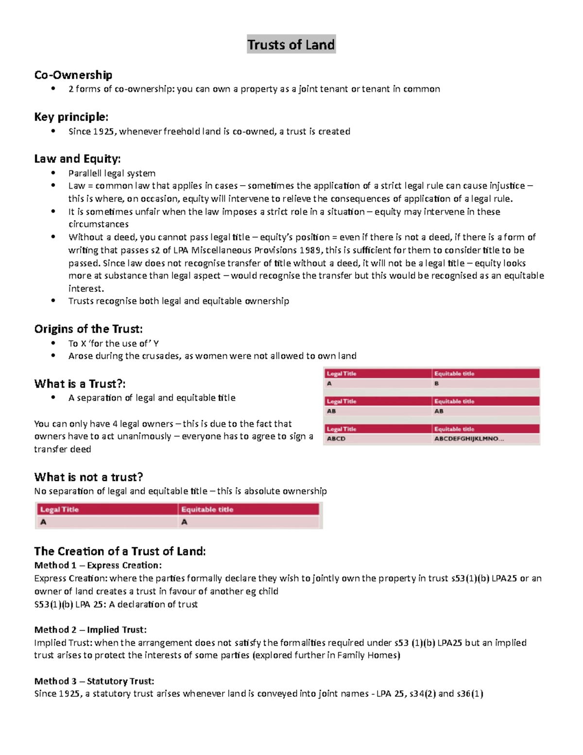 Trusts of Land notes - Trusts of Land Co-Ownership 2 forms of co ...