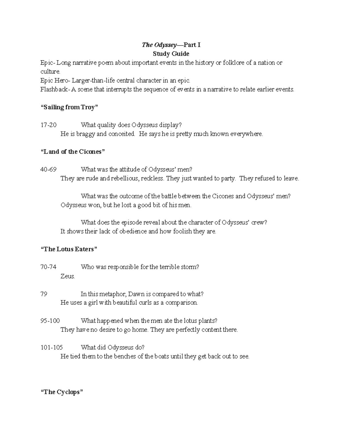 Copy of The Odyssey Study Guide The Odyssey—Part I Study Guide Epic