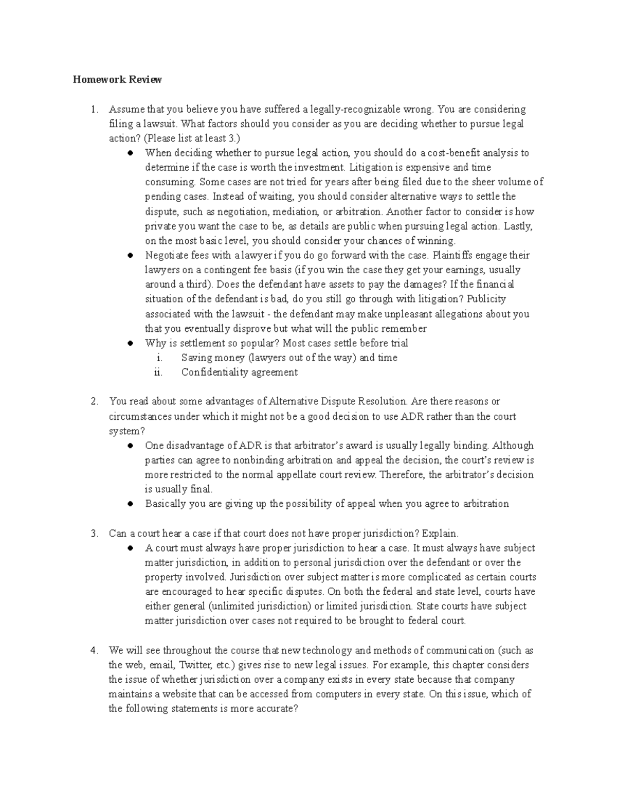 Business Law Unit 1 Homework Review Document - Homework Review Assume ...