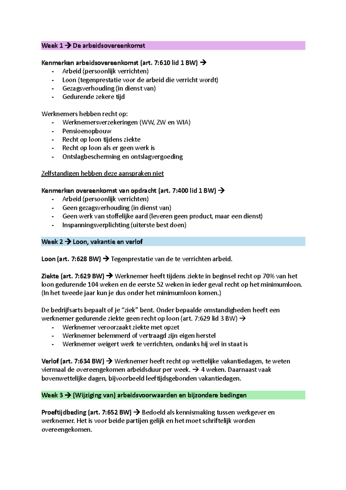 Privaatrecht B Samenvatting - Week 1 De Arbeidsovereenkomst Kenmerken ...