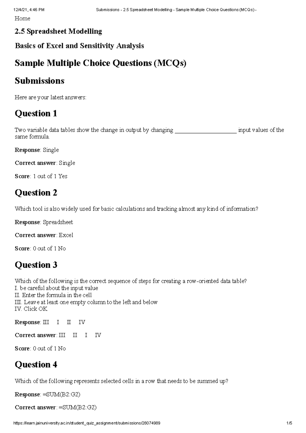 MCQ Unit 1 Basics of Excel and Sensitivity Analysis Home 2 Spreadsheet Modelling Basics of