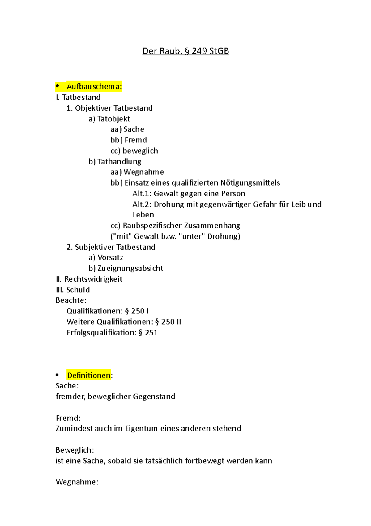 Der Raub Schemata Der Raub Stgb Aufbauschema I Tatbestand