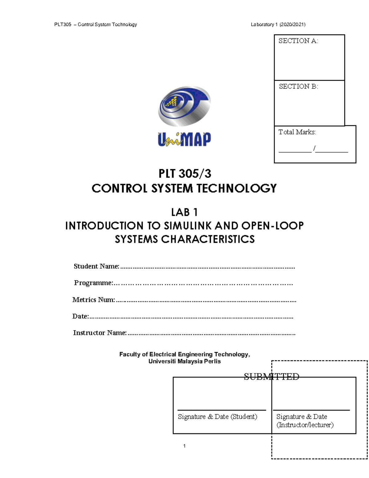 PLT 305 - LAB 1 - FOR VIEWING ONLY - PLT 305/ CONTROL SYSTEM TECHNOLOGY ...