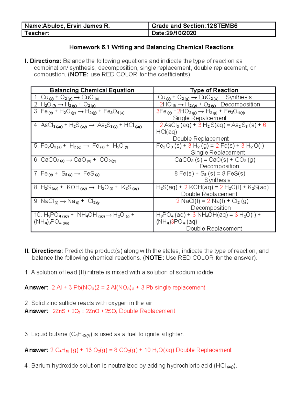 Balancing Chemical Equation - Name:abuloc, Ervin James R. Grade And 