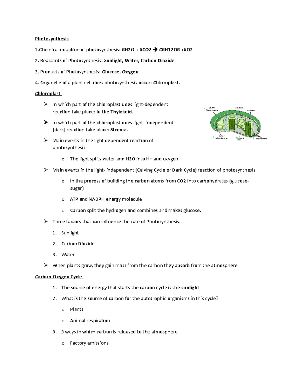 Photosynthesis - Lecture notes Chapter 4 - Photosynthesis 1 equation of ...