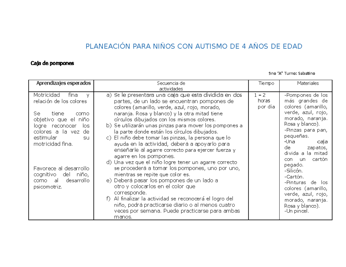 Plan De Trabajo Para Un Niño Autista