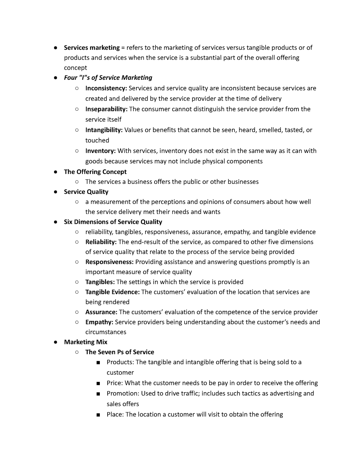 MKT 315 Ch.6 notes 1-book - Services marketing = refers to the ...